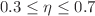 $0.3\leq\eta\leq 0.7$