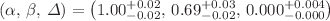 $$(\alpha ,\, \beta ,\, \Delta ) = \left( 1.00^{+0.02}_{-0.02},\,0.69^{+0.03}_{-0.02},\,0.000^{+0.004}_{-0.000}\right) $$