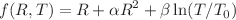 $$f(R,T)= R + \alpha R^2 + \beta \ln (T/T_0) $$
